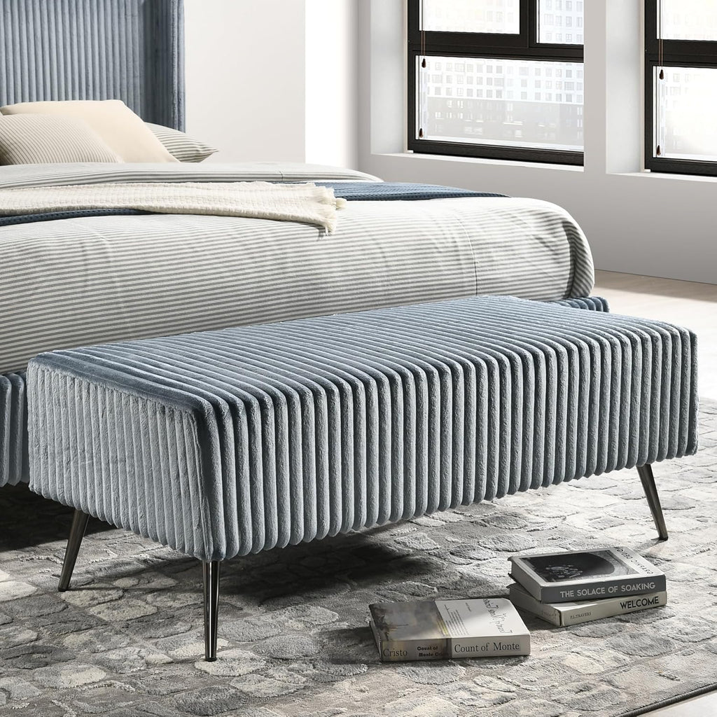 Roundhill Furniture Mavela Wide Wale Corduroy Upholstery Panel King Bed with 2 Nightstands and Bench, Blue
