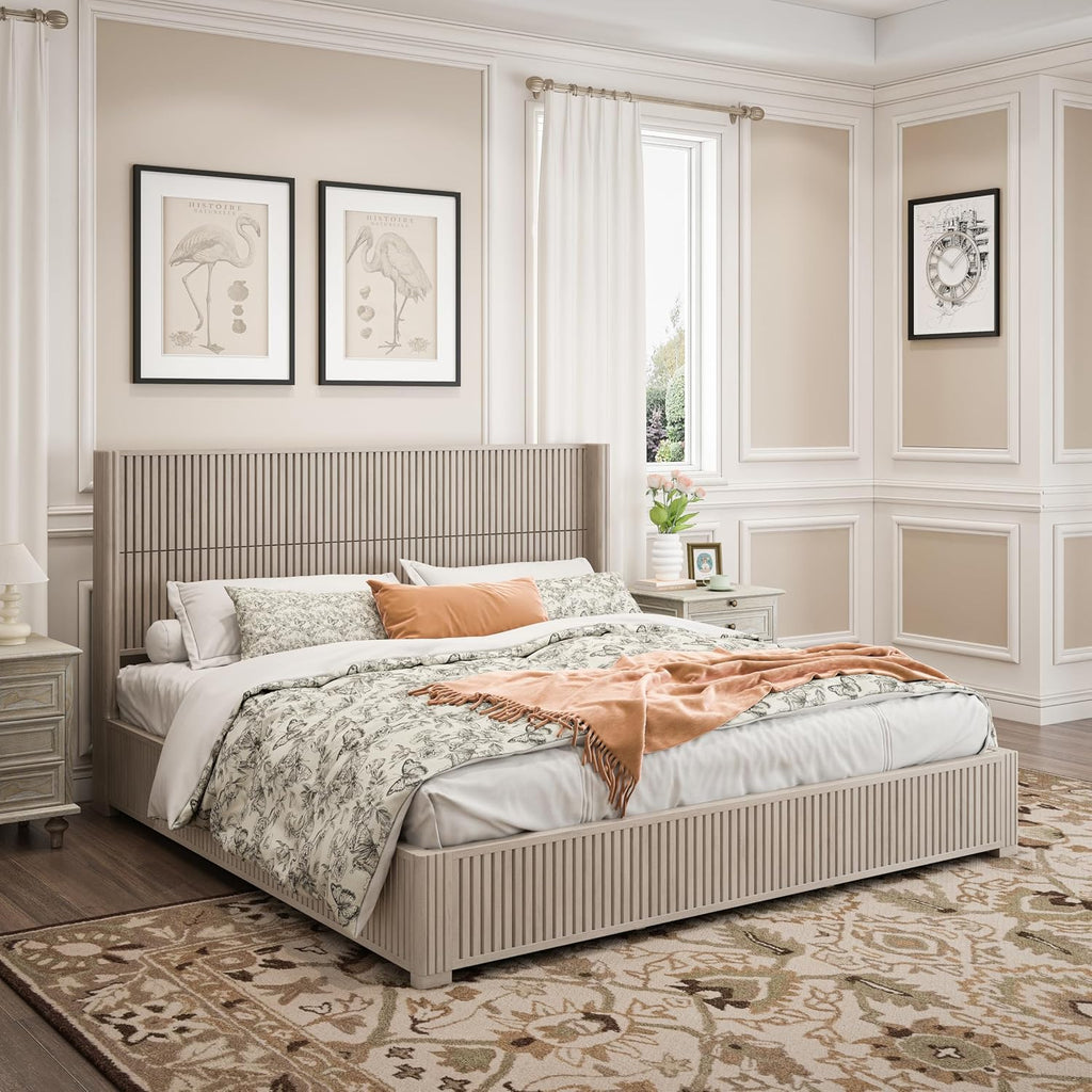 Ball & Cast Fluted King Bed Frame with Wingback Headboard,Solid Wood Platform Bed Frame King Size with Wood Slats, No Box Spring Needed, Easy Assembly,Beige