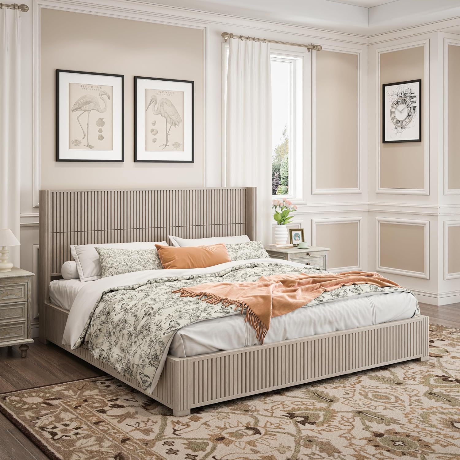 Ball & Cast Fluted King Bed Frame with Wingback Headboard,Solid Wood Platform Bed Frame King Size with Wood Slats, No Box Spring Needed, Easy Assembly,Beige