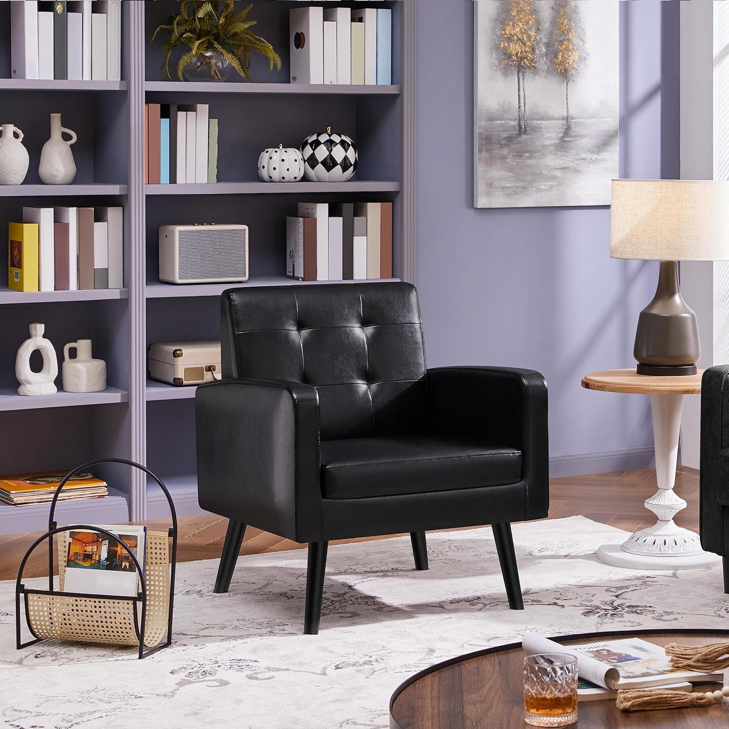 Yaheetech Mid-Century Accent Chairs, PU Leather Modern Upholstered Living Room Chair, Cozy Armchair Button Tufted Back and Wood Legs for Bedroom/Office/Cafe Black 2PCS