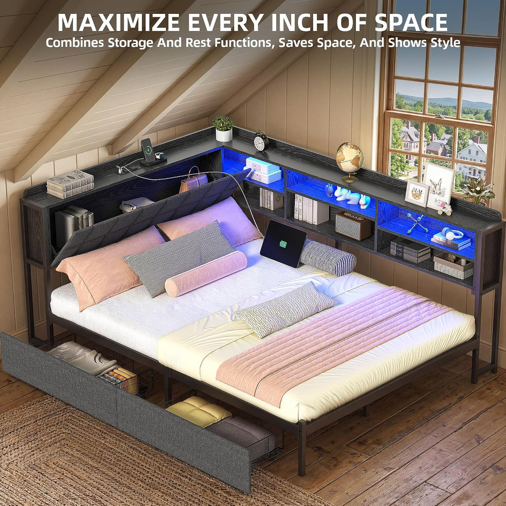 Full Corner Bed Frame with Storage Drawers and Bookcase & Flip-up Storage Headboard, Full Size Platform Corner Bed Frame with Charging Station and LED Lights, Full Daybed for Dorm or Guests, Grey