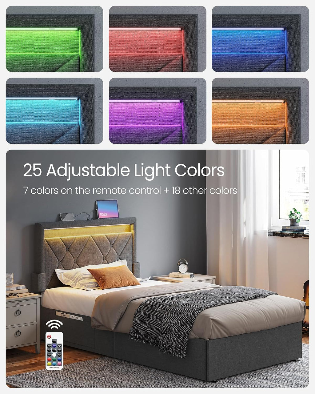 VASAGLE LED Bed Frame Twin Size, Twin Bed with Headboard and 4 Drawers, 1 USB Port and 1 Type C Port, Adjustable Upholstered Headboard 37.1/39.6 Inches, No Box Spring Needed, Dark Gray URMB823G71