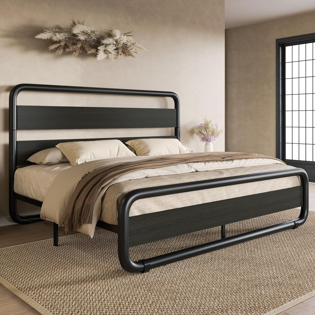 SHA CERLIN Full Size Metal Bed Frame with Wooden Headboard and Footboard, Heavy Duty Oval-Shaped Platform Bed Frame with 10' Under-Bed Storage, Noise Free, No Box Spring Needed, Black