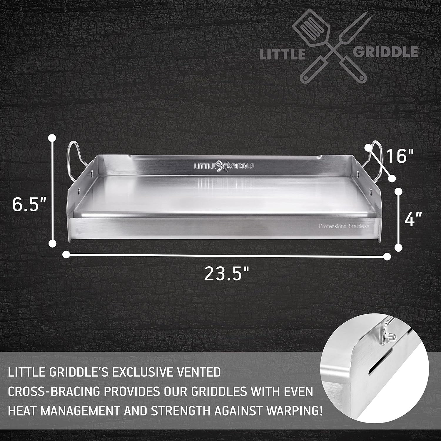 LITTLE GRIDDLE 100% Stainless Steel Griddle with Even Heat Cross Bracing and Removable Handles - For Grills, Camping, Tailgating, Silver, 25' x 16' x 6.5'