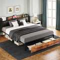 LIKIMIO California King Size Bed Frame, Storage Headboard with Charging Station, Platform Bed with Drawers, No Box Spring Needed, Easy Assembly, Vintage Brown and Black