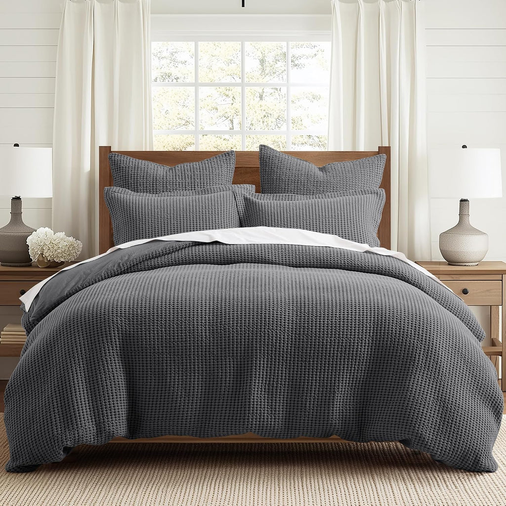 Levtex Home Mills Waffle Queen Duvet Cover Set (90x94in) with 2 Pillow Shams (26x20in) - Charcoal - 100% Cotton Queen Size Duvet Cover Set - Soft, Pre-Washed