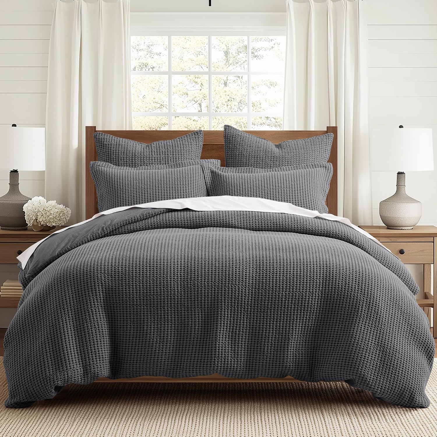 Levtex Home Mills Waffle Queen Duvet Cover Set (90x94in) with 2 Pillow Shams (26x20in) - Charcoal - 100% Cotton Queen Size Duvet Cover Set - Soft, Pre-Washed