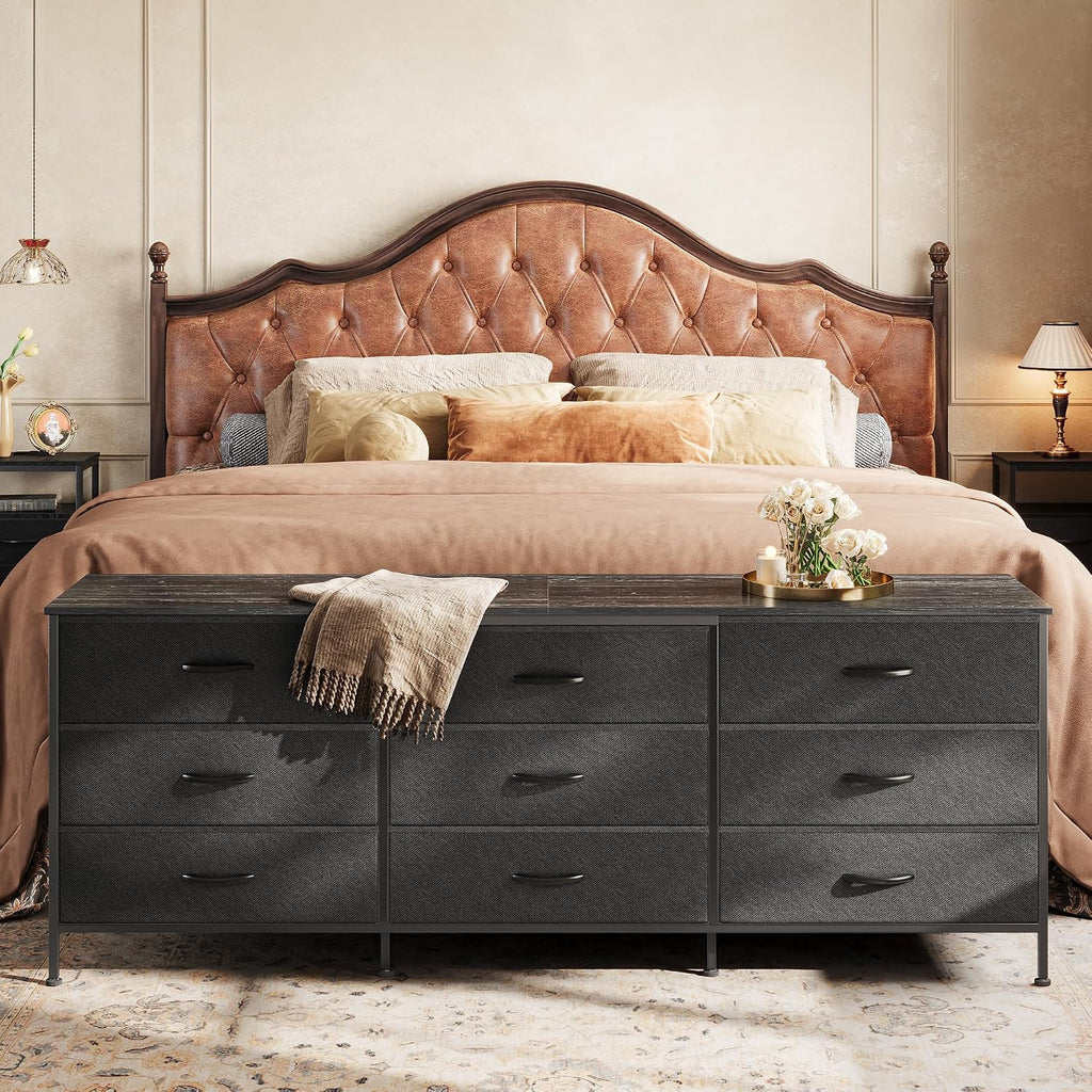 Huuger 63 Inch Dresser for Bedroom, Dresser for Closet with 9 Fabric Drawers, Large TV Stand for 55, 65, 70 Inch TV, Entertainment Center with Storage, Wide Long Chest of Drawers, Black