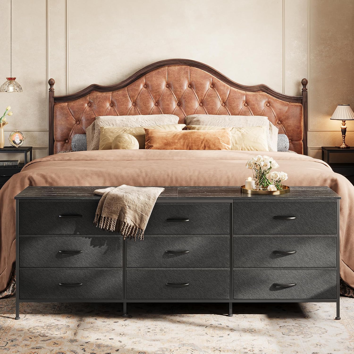 Huuger 63 Inch Dresser for Bedroom, Dresser for Closet with 9 Fabric Drawers, Large TV Stand for 55, 65, 70 Inch TV, Entertainment Center with Storage, Wide Long Chest of Drawers, Black