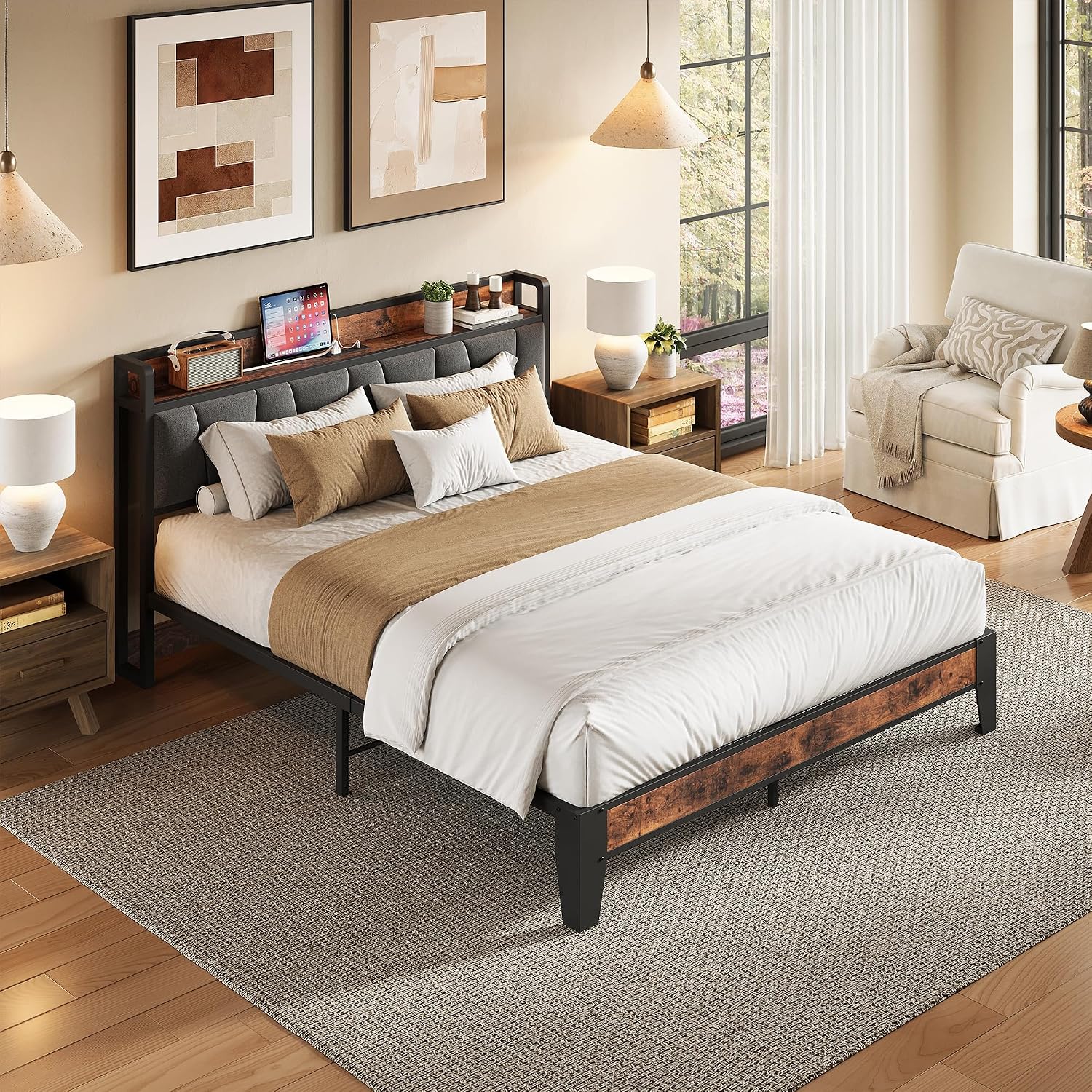 LIKIMIO Full Bed Frame, Storage Headboard with Charging Station, Solid and Stable, Noise Free, No Box Spring Needed, Easy Assembly