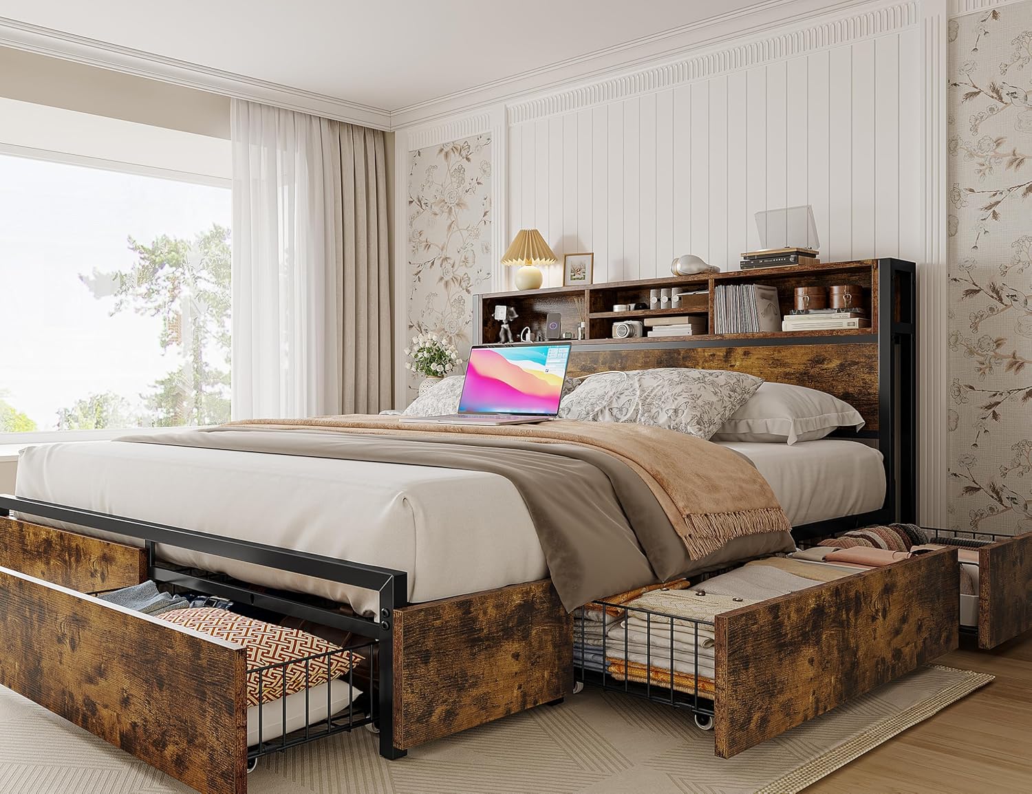 EnHomee Queen Bed Frame with 6 Storage Drawers, Headboard & Charging Station, Noise-Free Metal Platform Bed, No Box Spring Needed,Vintage Brown