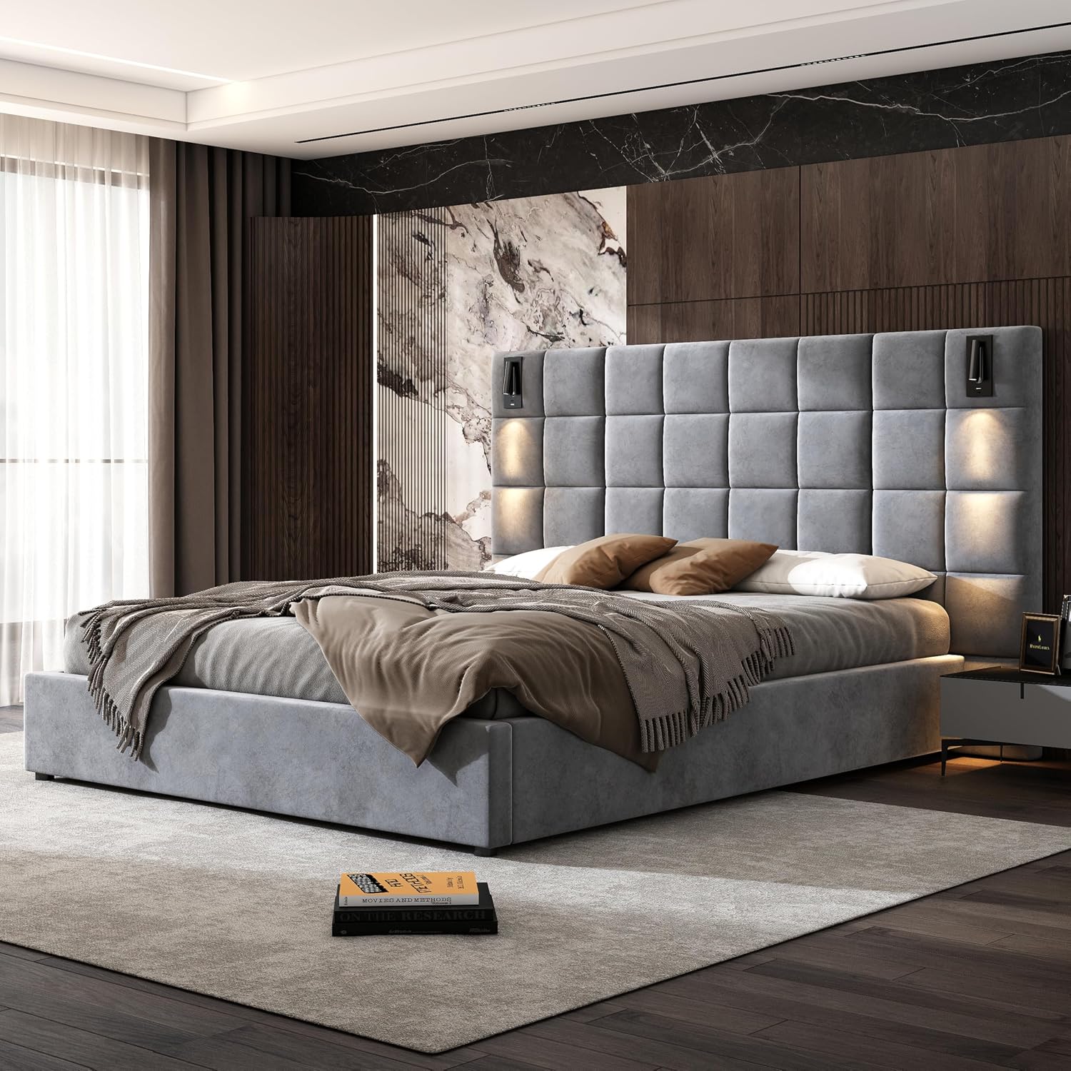 Christopher Knight Home Svens 46' High Headboard Bed, Queen Size Platform Bed Frame, Soft Velvet Bed Frame, Queen Size Headboard, Square Pattern Design with Reading Lamps and USB Ports, Grey