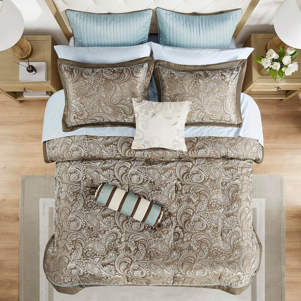 Madison Park Aubrey Cozy Comforter Set, Faux Silk Jacquard Paisley Design - All Season Down Alternative Bedding with Cotton Bed Sheets, Bed Skirt & Toss Pillows, Full Blue 12 Piece