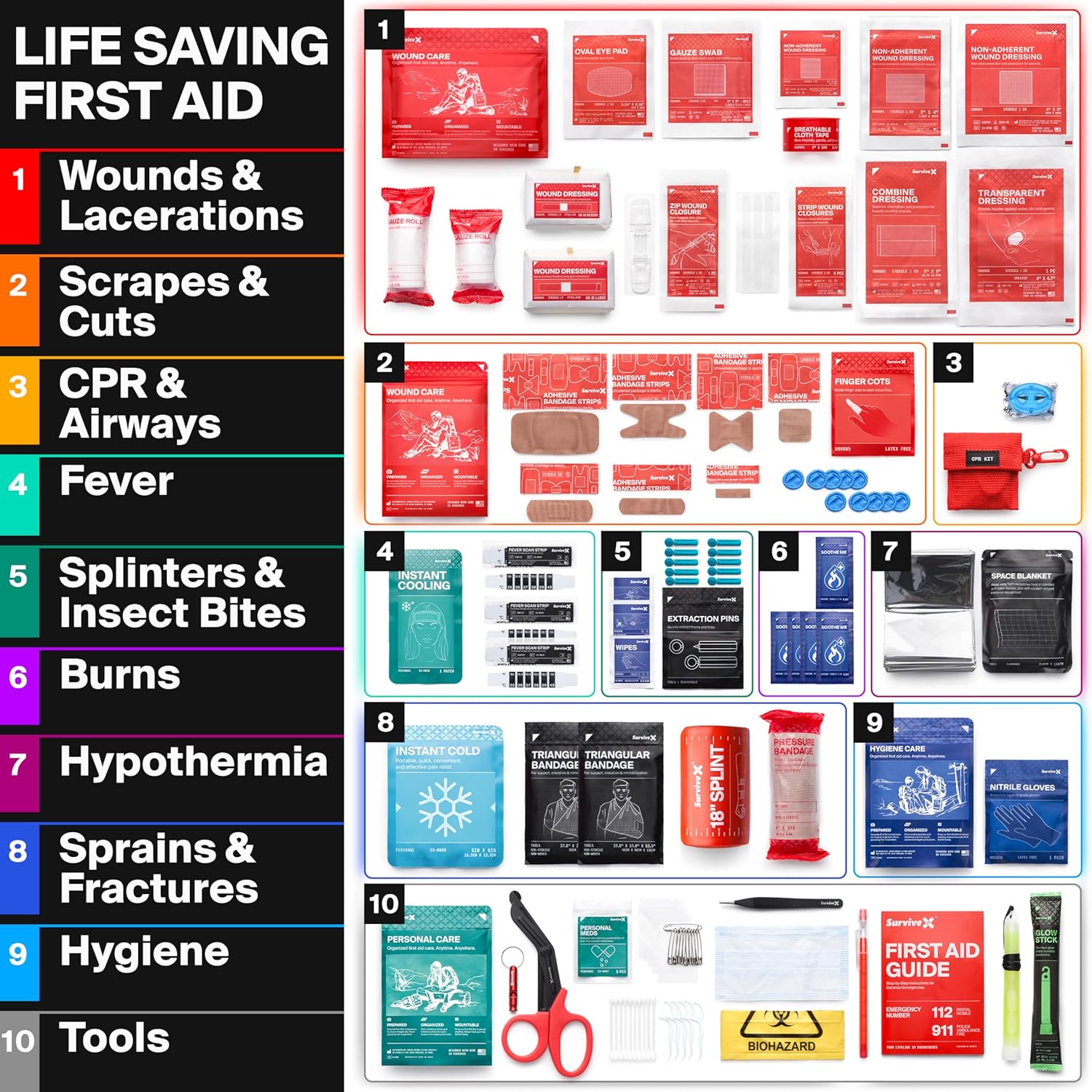 SurviveX Large First Aid Kit for Car, Travel & Home - Emergency Kit for Hiking, Camping, Backpacking and Outdoors - Includes Zip Stitch Wound Closure Strips