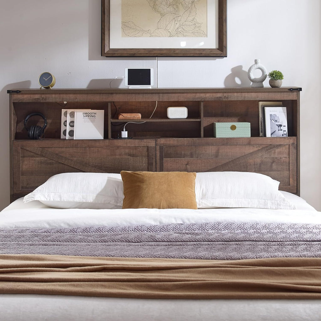 ACCOHOHO Farmhouse King Size Bed Frame with 52' High Storage Bookcase Headboard and 4 Drawers,Wooden Bed Frame with LED Light and Charging Station,Light Brown