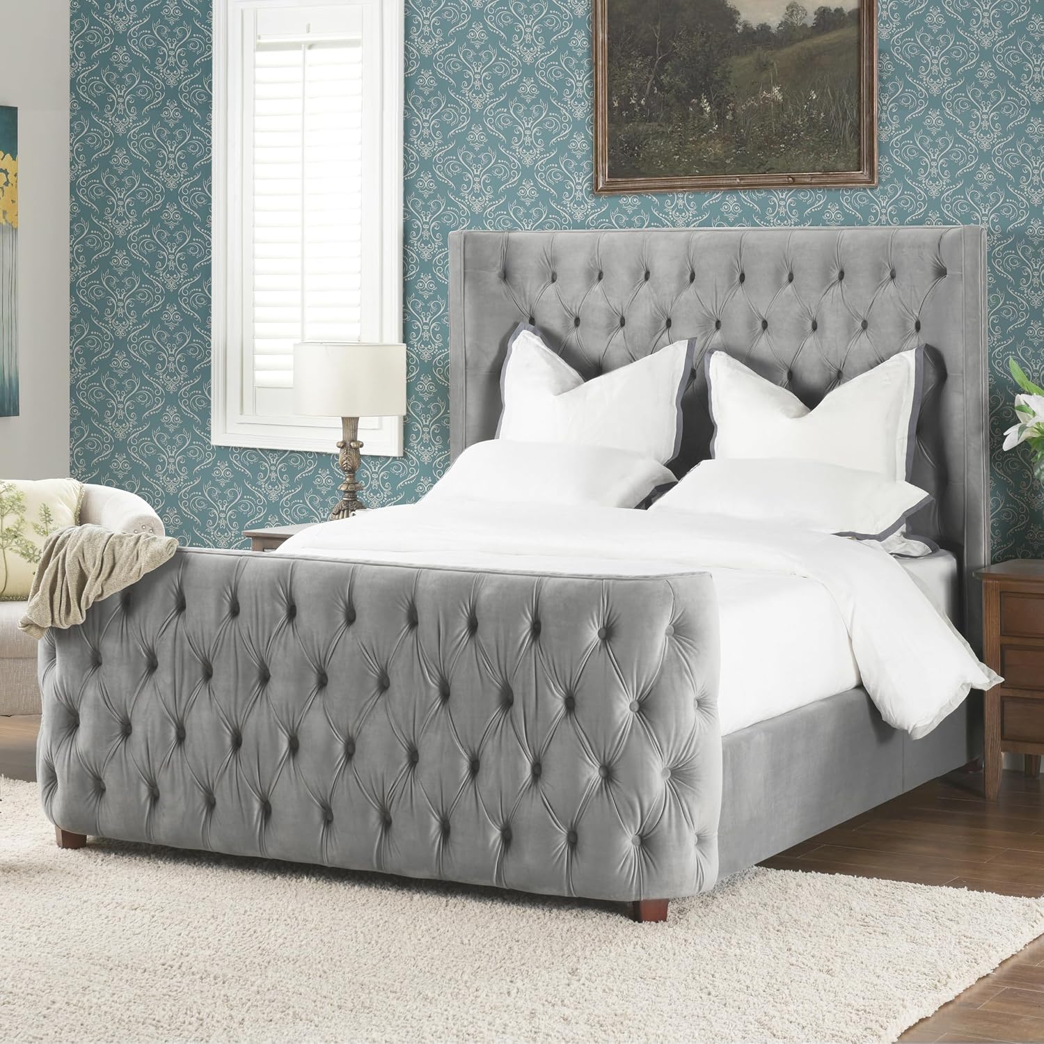 Jennifer Taylor Home Brooklyn Queen Tufted Panel Bed Headboard and Footboard Set, Opal Grey Velvet