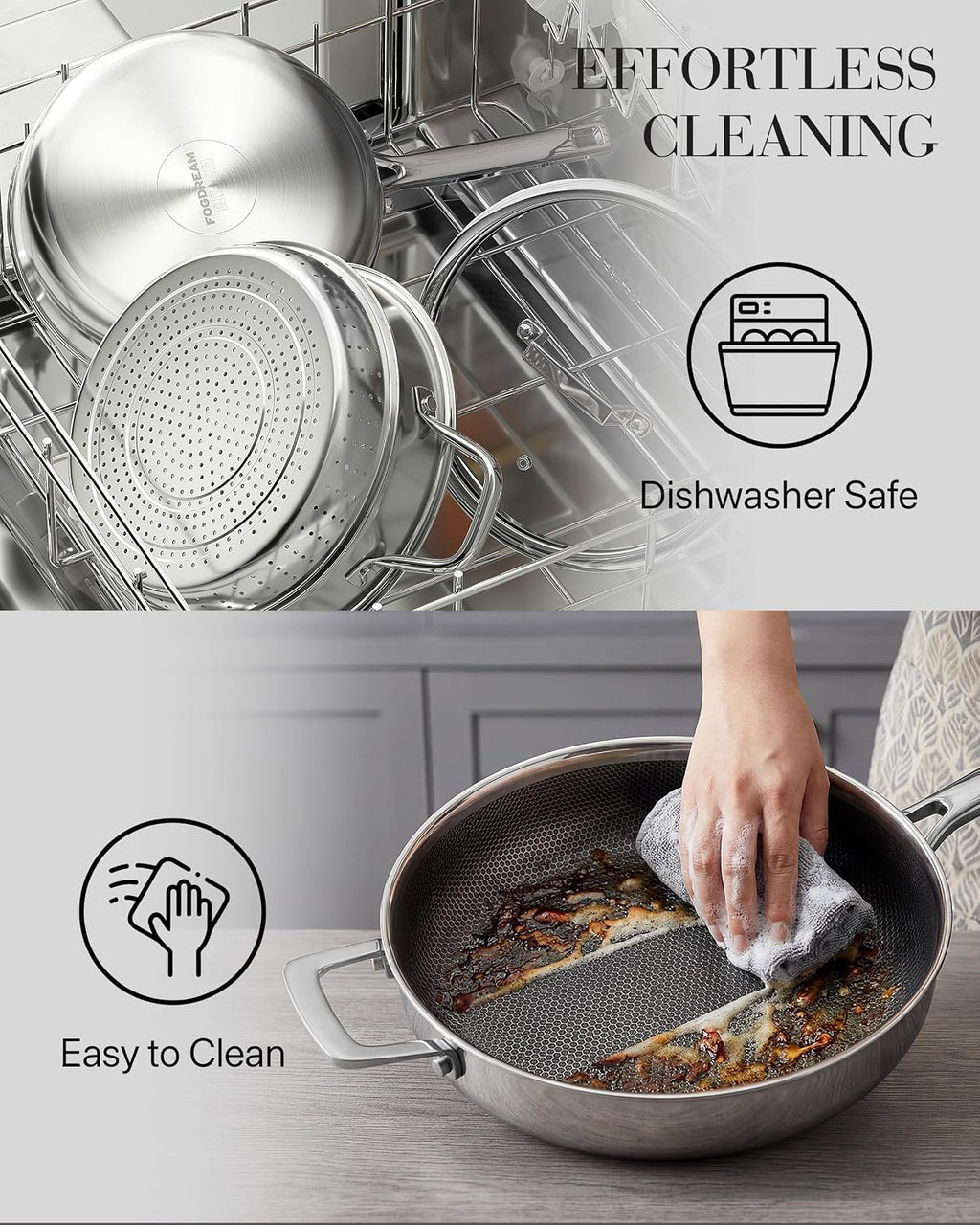 FogDream Titanium Non Stick Frying Pan, 10in Tri-Ply Stainless Steel Deep Saute Pan, 10 Piece All-in-One Cookware Set, Stay Cool Handle, Dishwasher & Oven-Safe,Induction Compatible,Silver
