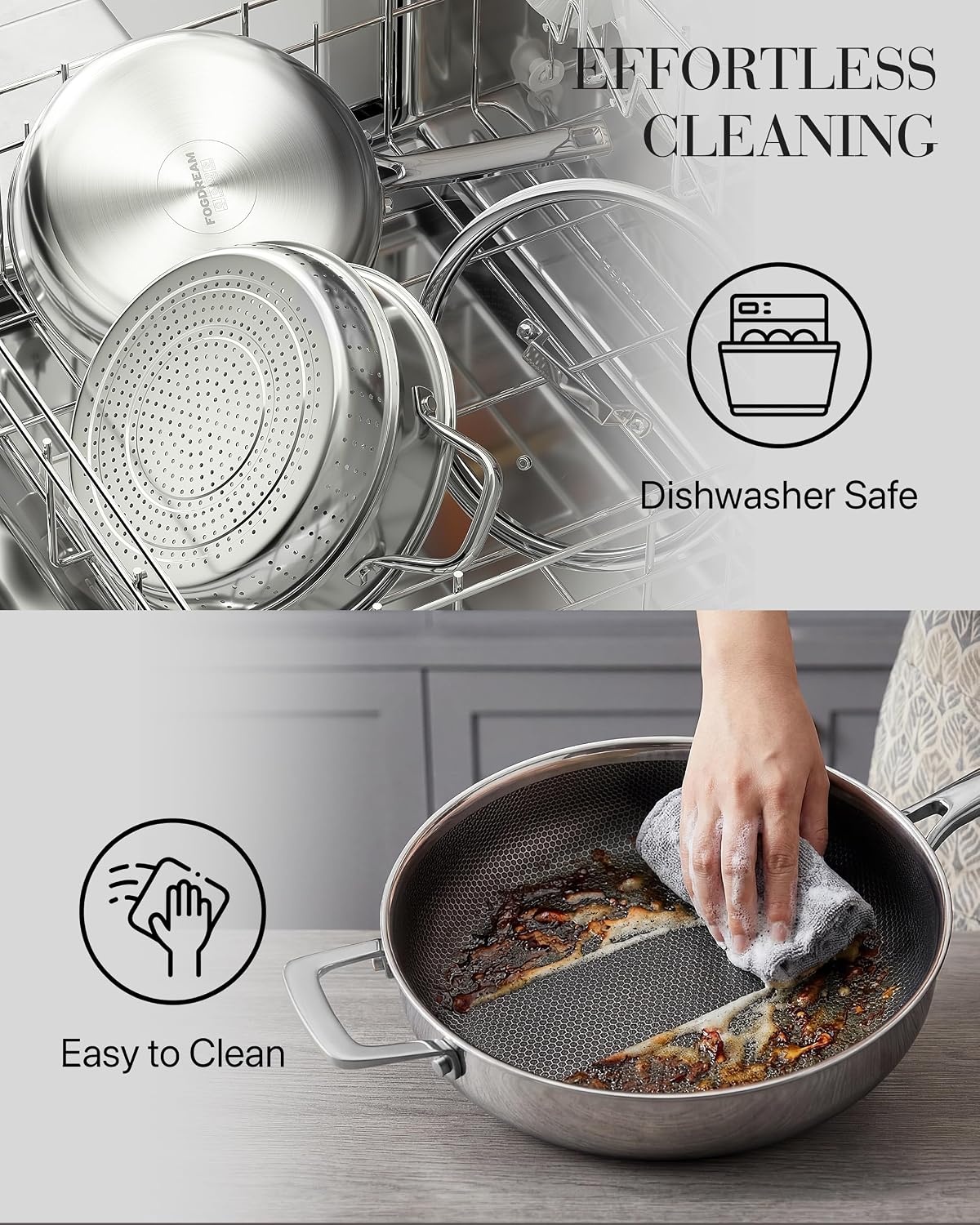 FogDream Titanium Non Stick Frying Pan, 10in Tri-Ply Stainless Steel Deep Saute Pan, 10 Piece All-in-One Cookware Set, Stay Cool Handle, Dishwasher & Oven-Safe,Induction Compatible,Silver