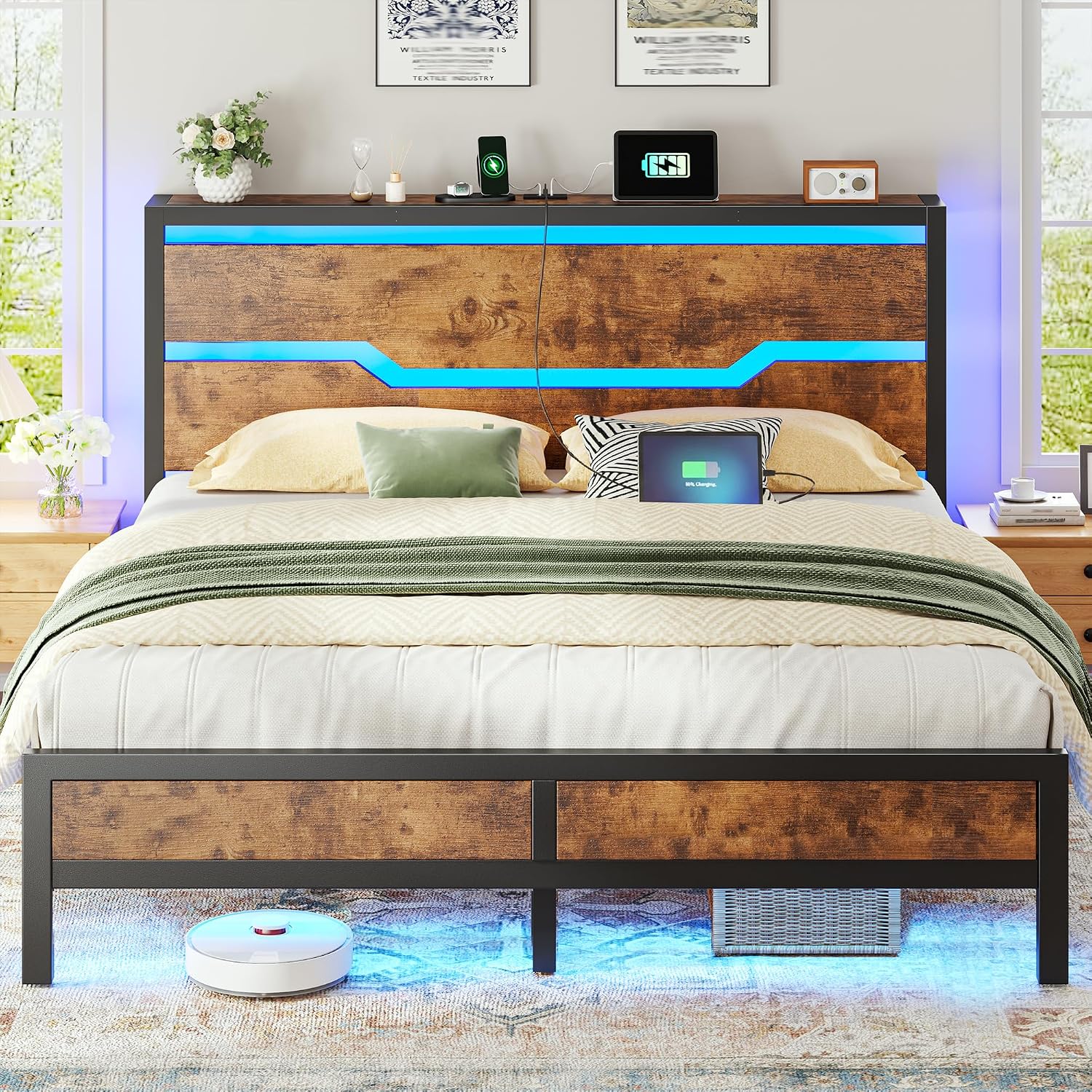 Homkdom Full Size Bed Frame with LED Lights & Charging Station, Industrial Metal Platform Bed with 13' Large Under-Bed Storage, Heavy Duty Slats,Noise-Free, No Box Spring Needed, Modern Brown