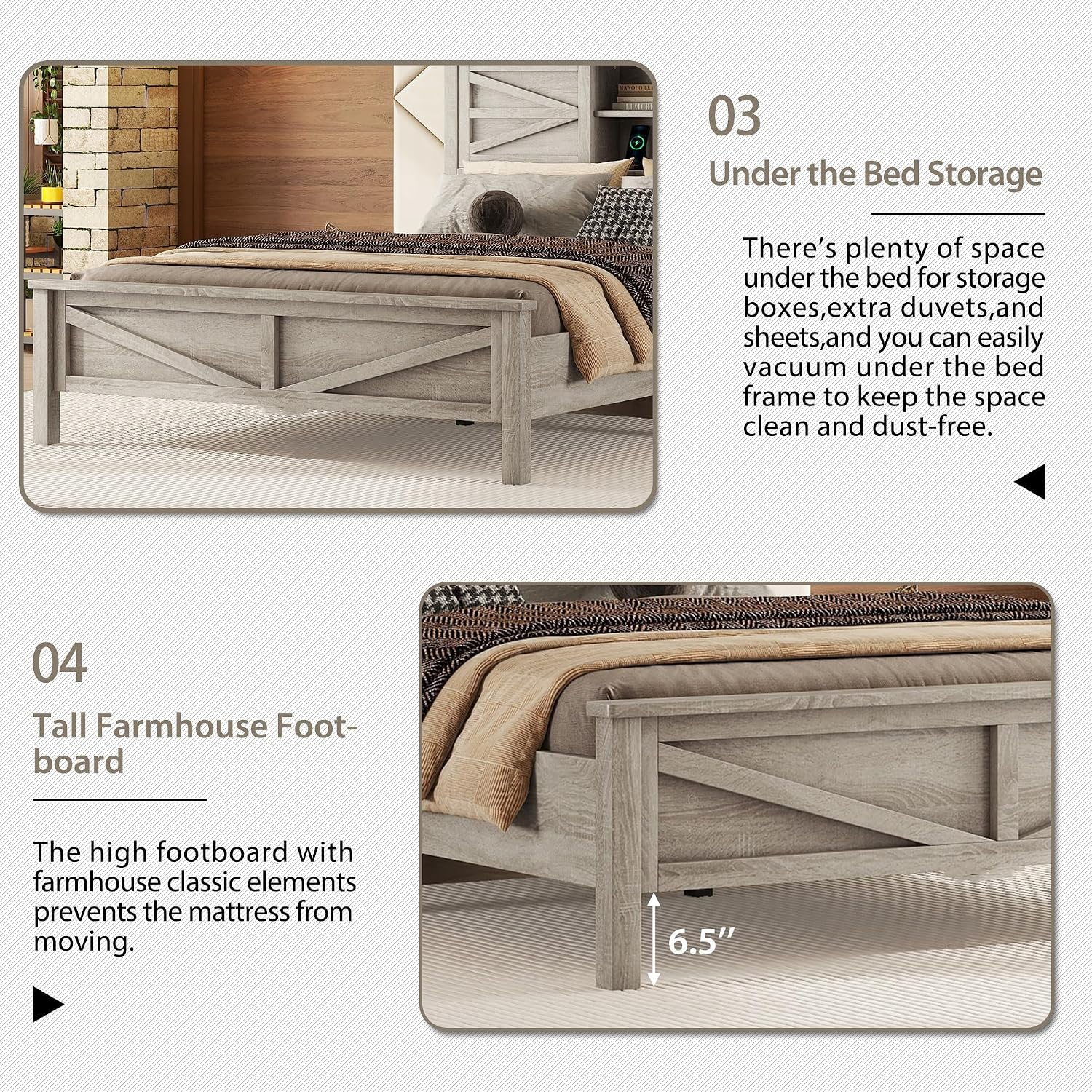Farmhouse 3-Pieces Bedroom Sets, Queen Size Platform Bed with a Nightstand and 6-drawer Storage, Wood Platform Bed with Double Sliding Door Storage Headboard and Charging Station (Antique Gray-3)