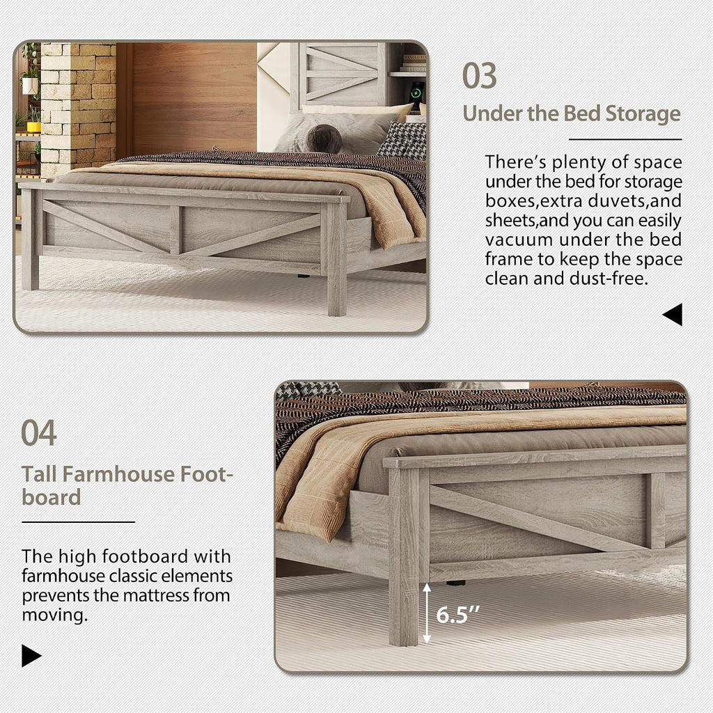Farmhouse Design 3-Pieces Bedroom Sets, Full Size Platform Bed with Storage Nightstand and Dresser, Solid Wood Platform Bed with Double Sliding Door Storage Headboard and Charging Station