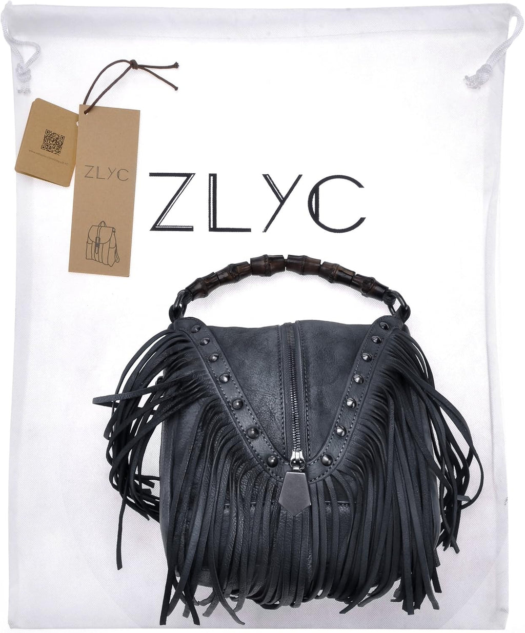 ZLYC Women's Leather Bamboo Hand Strap Featured Fringe Bohemian Tassel Studed Cross Body Bag