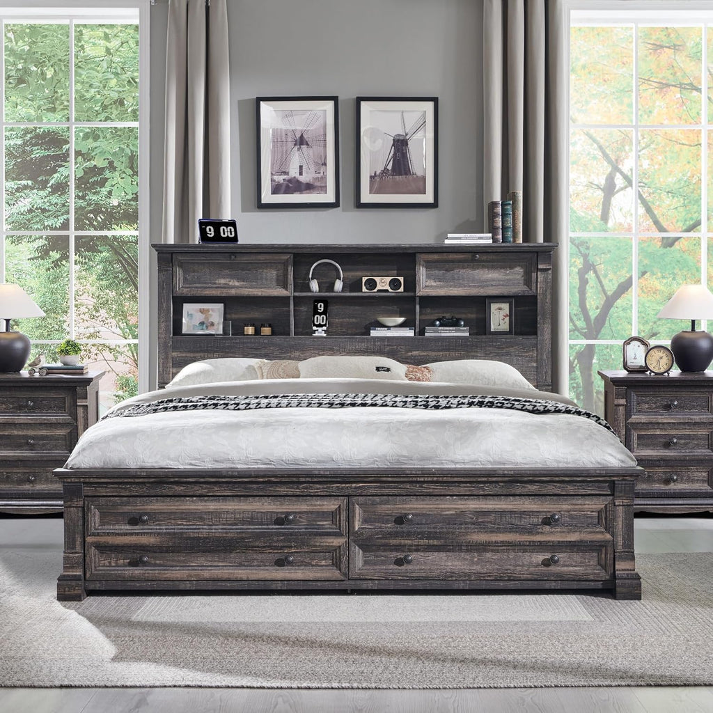 Farmhouse King Size Bed Frame with 54' Tall Headboard, Headboard with 4 Storage Rack, 2 Drawers, 18' Roman Column Decoration Footboard, Wood Platform Bed Frame, No Box Spring Needed(Dark Rustic Oak)