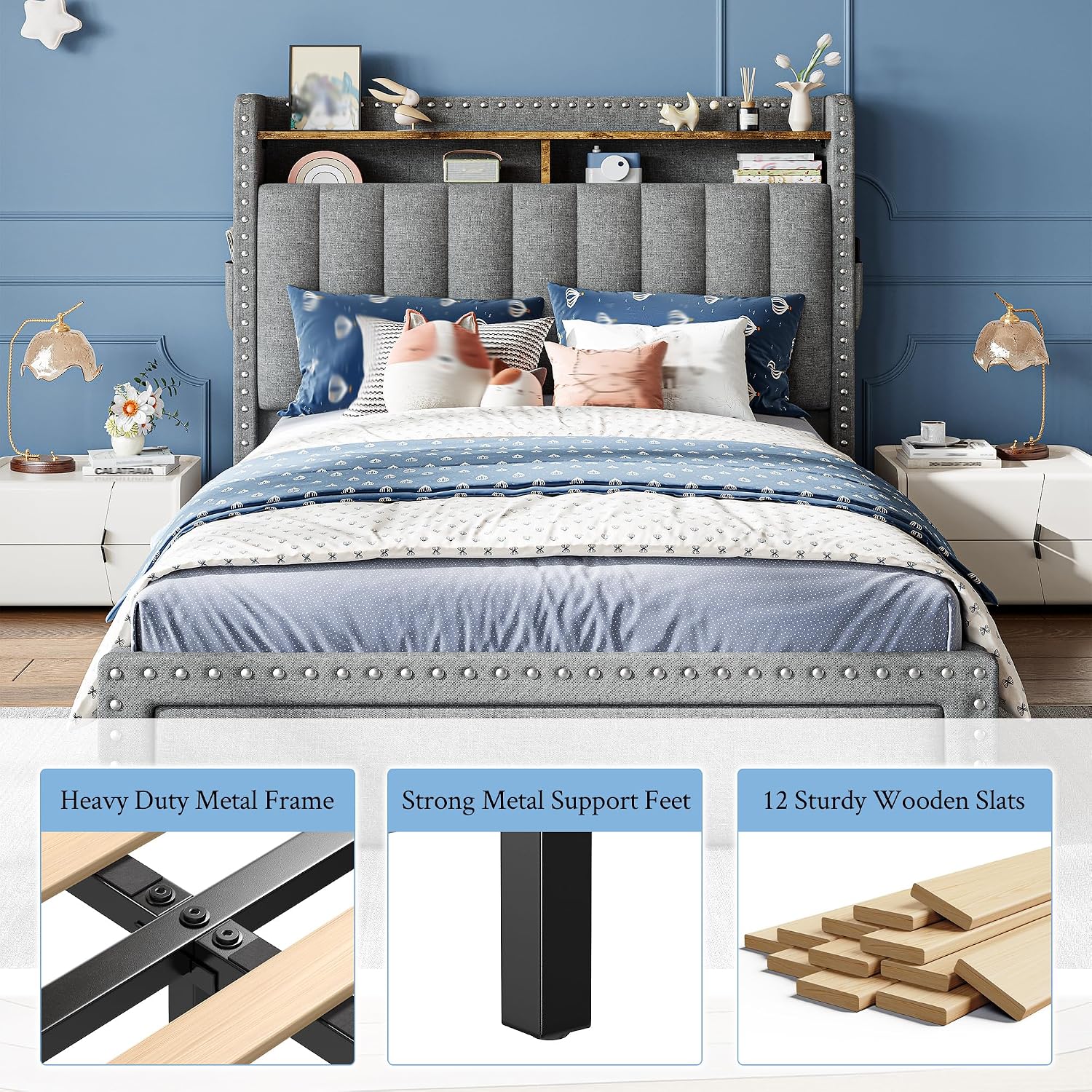 EnHomee Twin Fabric Upholstered Bed Frame with 2-Tier Vertical Channel Tufted Headboard and 2 Storage Drawers, Extra Storage Space for Bedroom Apartment,Grey