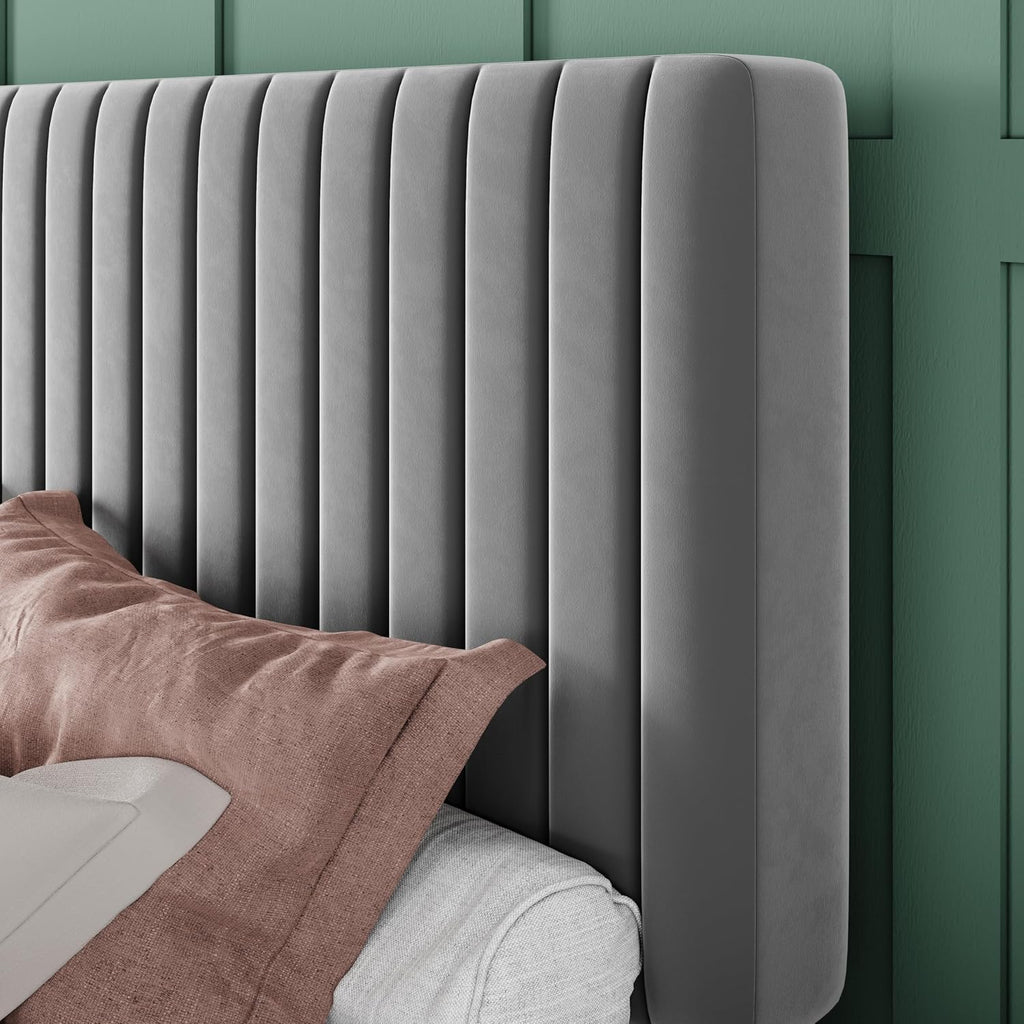 Allewie Queen Bed Frame, Velvet Upholstered Platform Bed with Adjustable Vertical Channel Tufted Headboard, Mattress Foundation with Strong Wooden Slats, Box Spring Optional, Easy Assembly, Grey