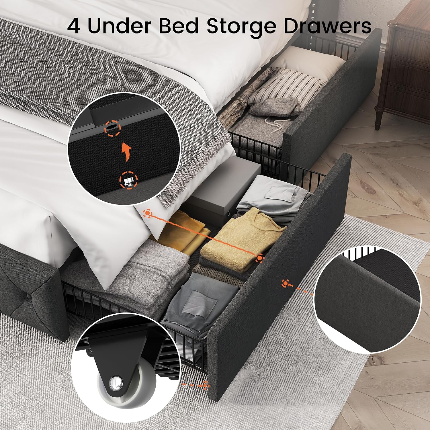 LARMACE Upholstered Queen Size Bed Frame with 4 Storage Drawers and 47.2' Tall Wingback Headboard Tufted Platform Bed Frame Linen Beds with Wooden Slats Support, Easy Assembly, Dark Grey