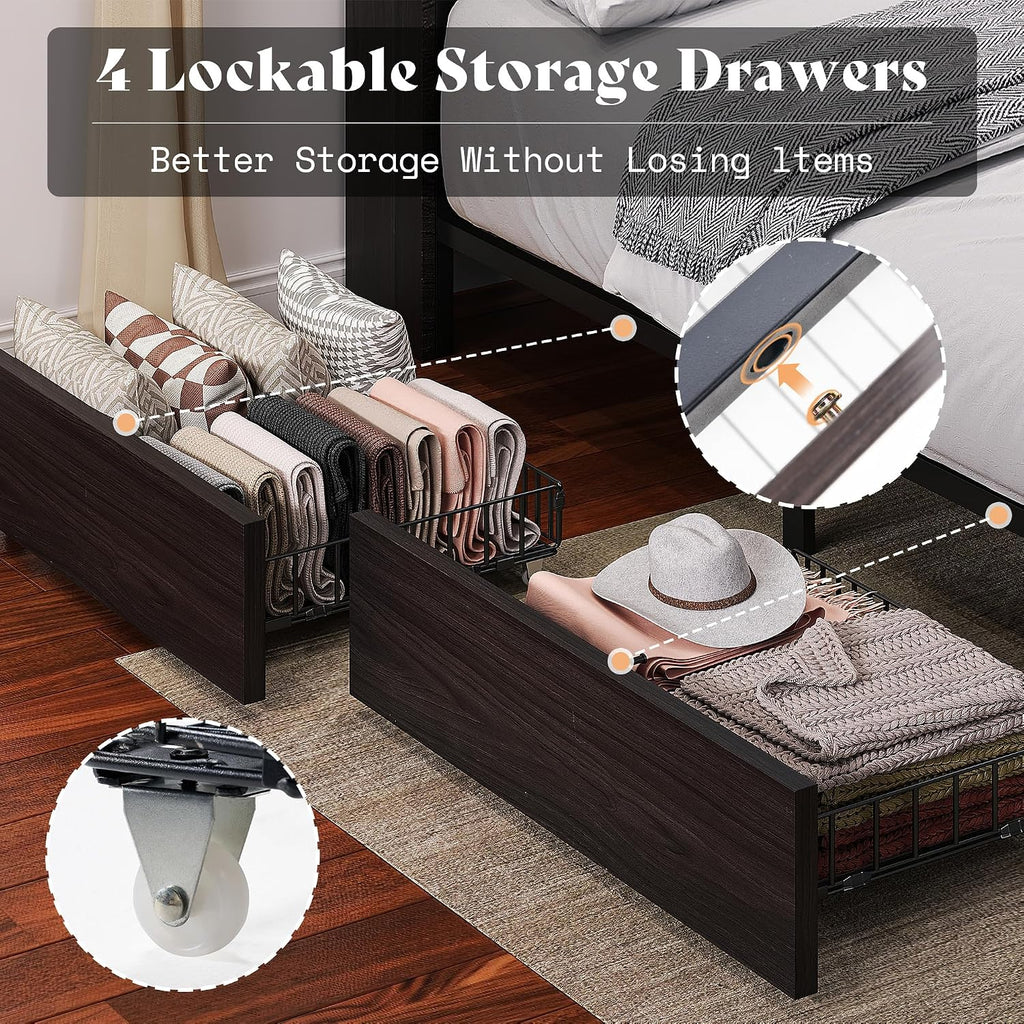 AMERLIFE Twin Bed Frame with 51.2' Tall Bookcase Headboard, Farmhouse Platform Bed with 4 Storage Drawers, Linen Upholstered, Charging Station & Storage, Rustic Black
