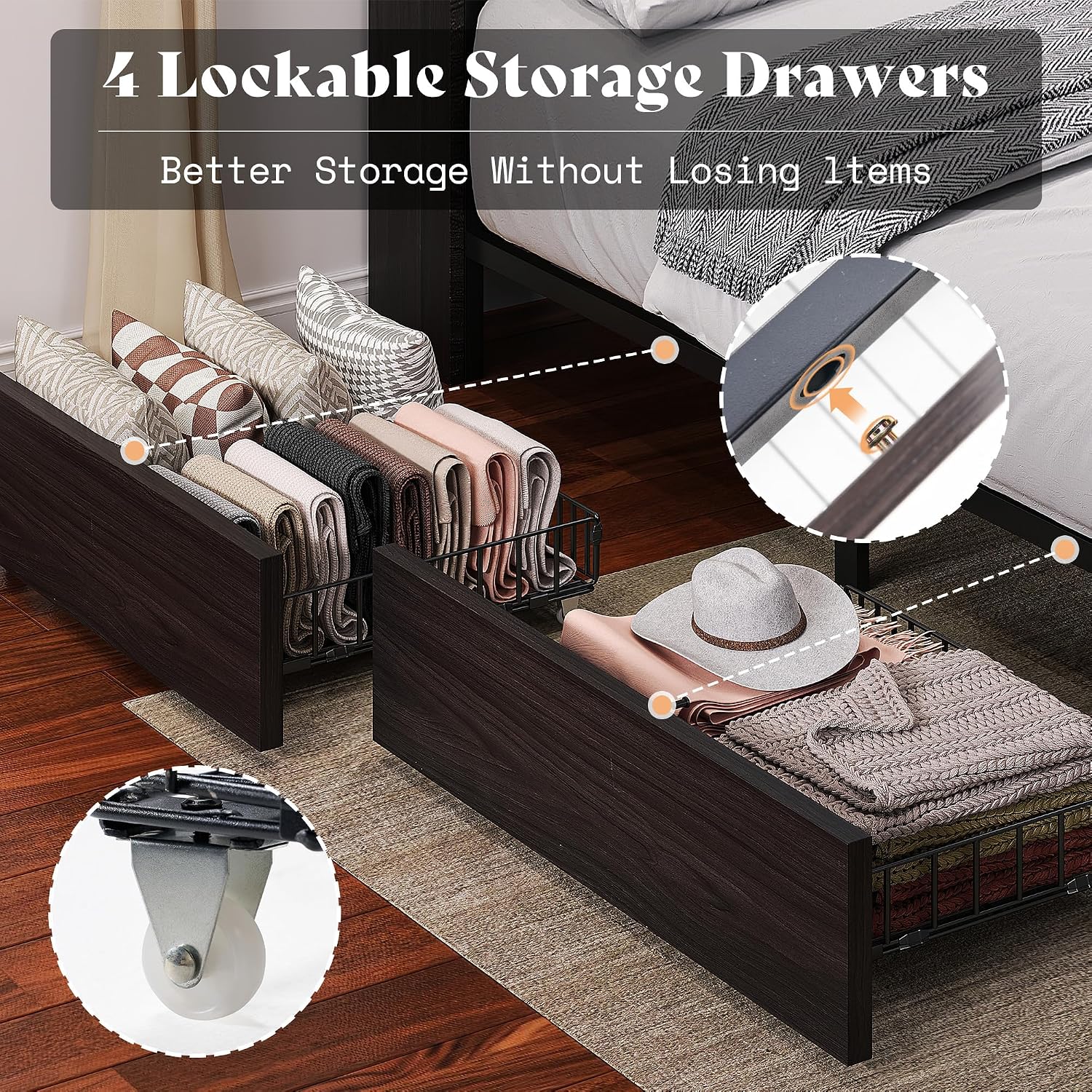 AMERLIFE Twin Bed Frame with 51.2' Tall Bookcase Headboard, Farmhouse Platform Bed with 4 Storage Drawers, Linen Upholstered, Charging Station & Storage, Rustic Black