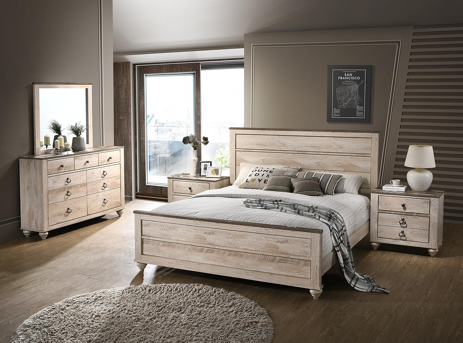 Roundhill Furniture Amerland Contemporary White Wash Finish 5-Piece Bedroom Set,