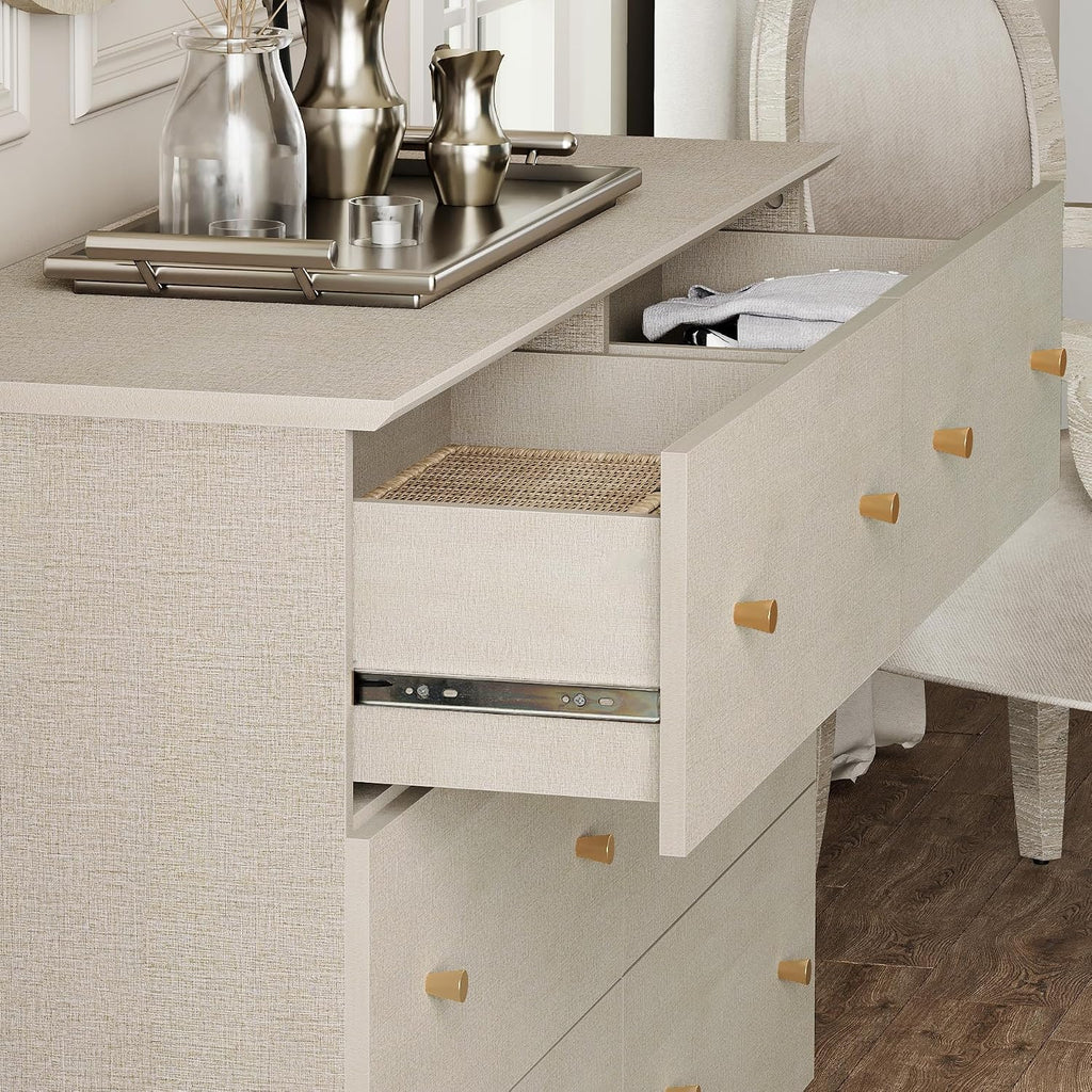 WAMPAT Dresser and Nightstands 3 Pieces, Wooden Dresser with 6 Drawers, Set of 2 Night Stands with Charging Stations, Bedroom Chest of Drawers and Wood Bedside Tables Set, Beige Linen Textured