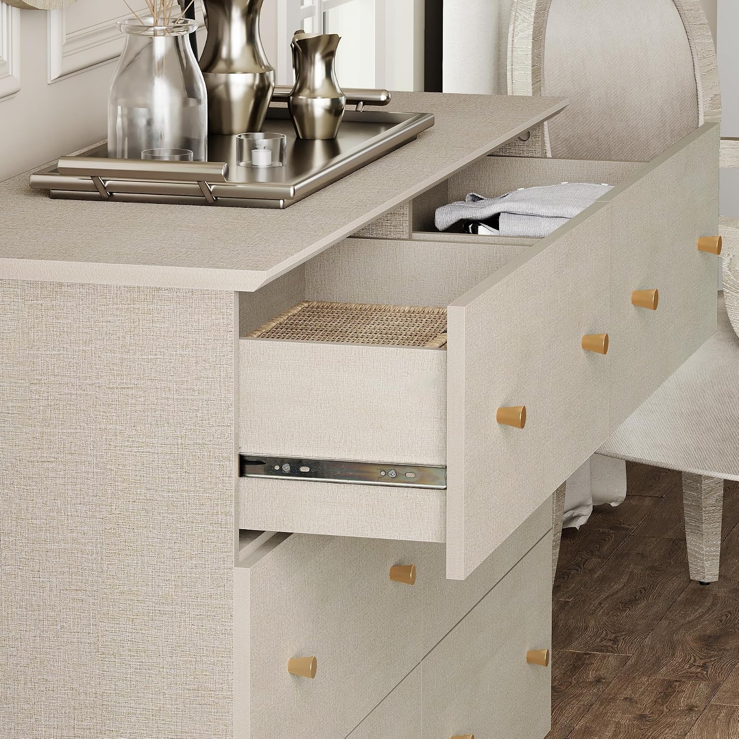 WAMPAT Dresser and Nightstands 3 Pieces, Wooden Dresser with 6 Drawers, Set of 2 Night Stands with Charging Stations, Bedroom Chest of Drawers and Wood Bedside Tables Set, Beige Linen Textured