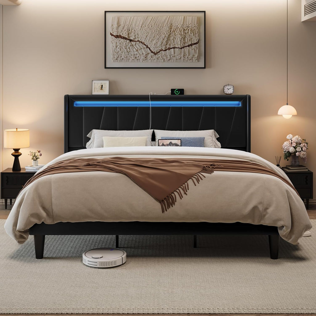Allewie King Size LED Bed Frame with Charging Station, Velvet Upholstered Platform Bed with Geometric Wingback Headboard, Modern Frame with No Box Spring Needed, Easy Assembly, Black