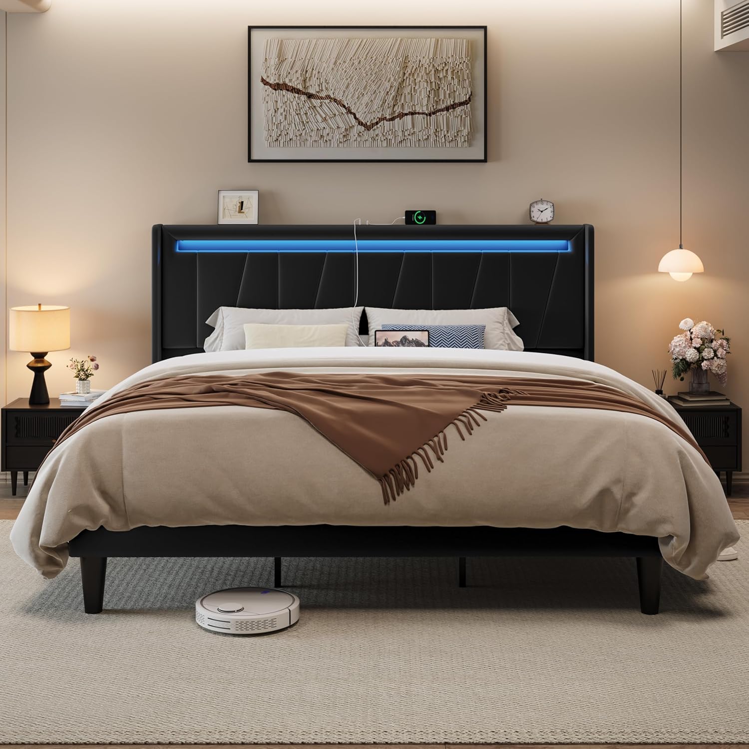 Allewie King Size LED Bed Frame with Charging Station, Velvet Upholstered Platform Bed with Geometric Wingback Headboard, Modern Frame with No Box Spring Needed, Easy Assembly, Black