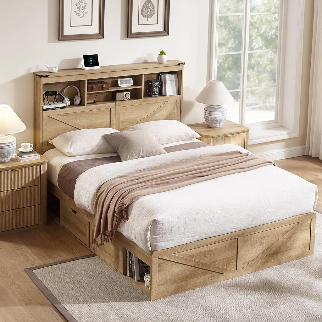 ACCOHOHO Farmhouse Queen Size Bed Frame with 52' Storage Bookcase Headboard and 4 Drawers,Wood Bed Frame with LED Light and Charging Station,Natural Oak