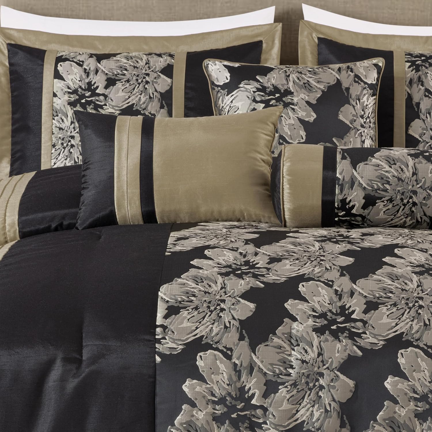 Chezmoi Collection Kelsey Comforter Set King Size, 7-Piece Black Gold Hibiscus Floral Jacquard Bedding Set