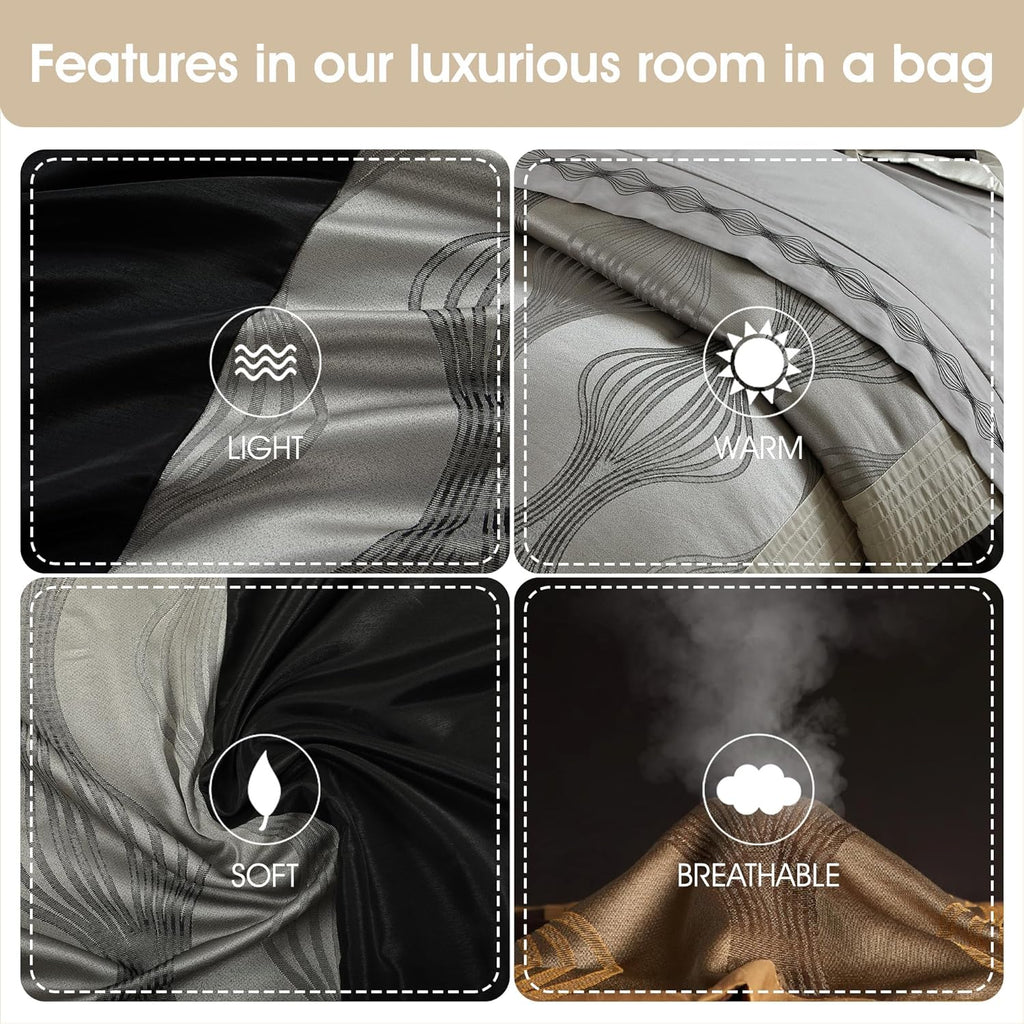 Stratford Park Elegant Black and Silver Comforter Set Califirnia King Size, Striped,15 Piece Room-in-A-Bag, Jacquard Bedding Set, All Season, Matching Decorative Pillows, Pillow Sham, Curtains