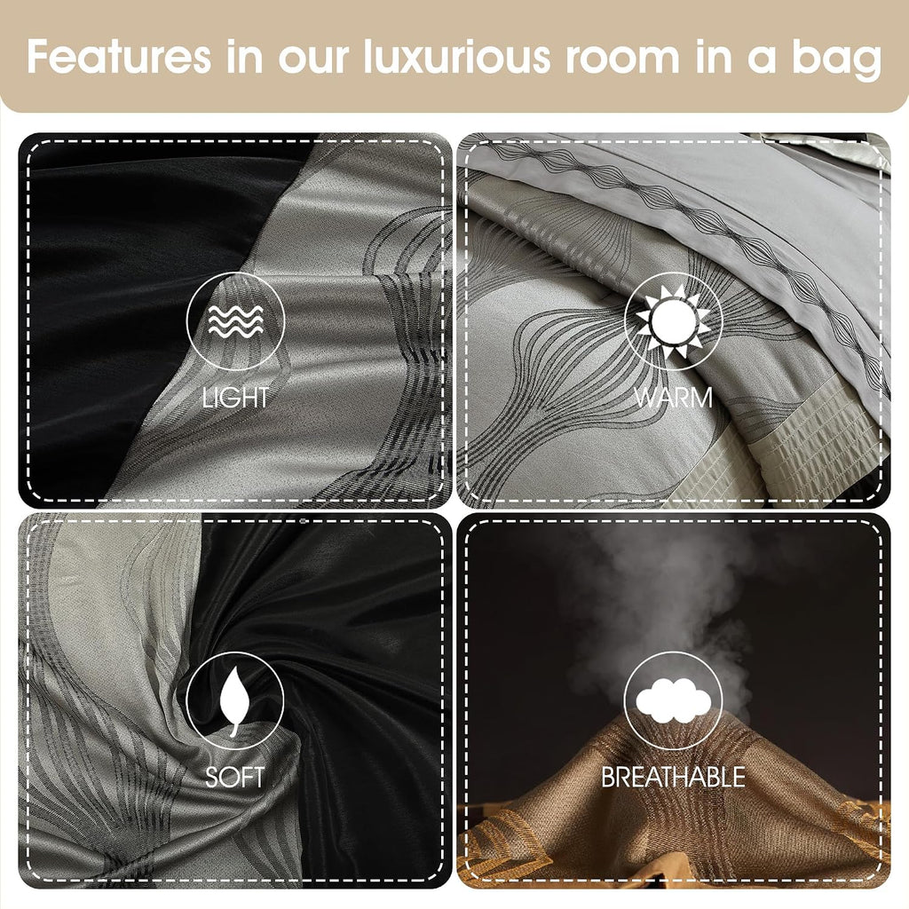 Stratford Park Elegant Black and Silver Comforter Set King Size, Striped,15 Piece Room-in-A-Bag, Jacquard Bedding Set, All Season, Matching Decorative Pillows, Pillow Sham, Curtains