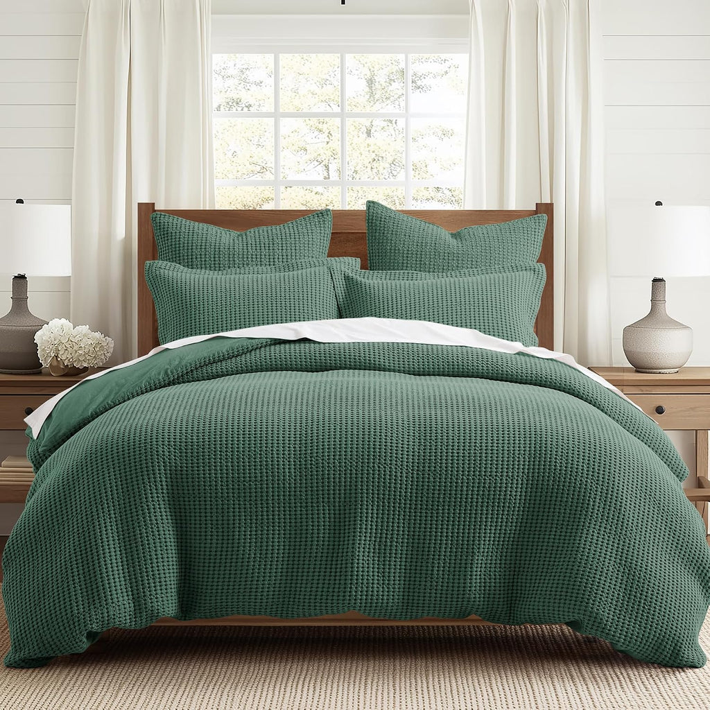 Levtex Home Mills Waffle Queen Duvet Cover Set (90x94in) with 2 Pillow Shams (26x20in) - Forest Green - 100% Cotton Queen Size Duvet Cover Set - Soft, Pre-Washed