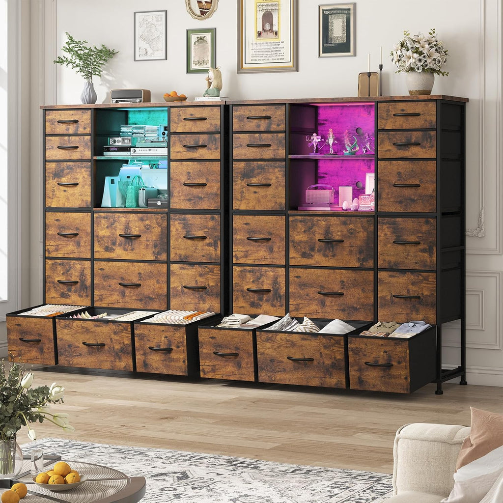 EnHomee 51' H Dresser with 15 Drawers Dresser for Bedroom with Charging Station & LED Lights & Hutch Sturdy Fabric Bedroom Dressers, Steel Frame, Wood Top, Rustic Brown, 51.2' H x 39.3' W x 11.8' D