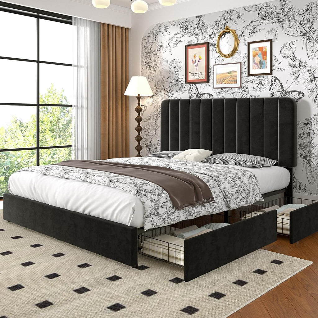 VECELO Queen Size Upholstered Bed Frame with 4 Drawers and Headboard, Velvet Platform Storage Bedframe, Wooden Slats Support, No Box Spring Needed,Black