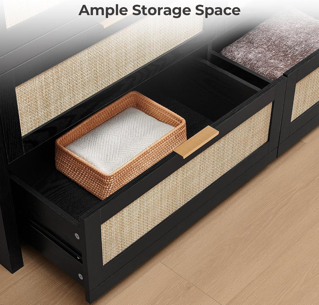 SICOTAS 7 Drawer Dressers for Bedroom Set 2, Long Rattan Dresser, Dresser TV Stand, Closet Organizer Chest of Drawers, Clothes Storage Dressers (Black Oak, 7 Drawers (2 pcs))