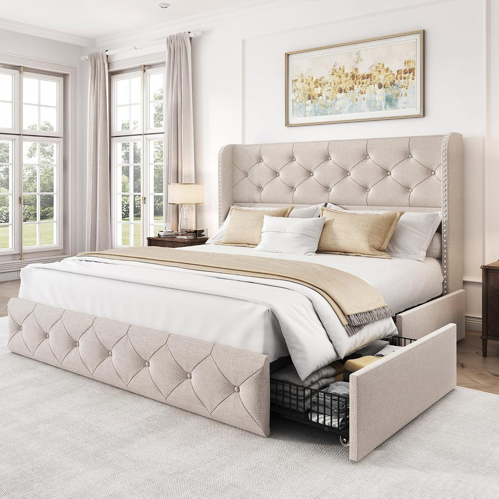 LARMACE Full Size Bed Frame with 4 Storage Drawers and Wingback Headboard Linen Upholstered Platform Bed Frame Tufted Beds with Wooden Slats Support, Easy Assembly, Beige