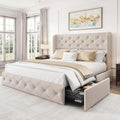 LARMACE Full Size Bed Frame with 4 Storage Drawers and Wingback Headboard Linen Upholstered Platform Bed Frame Tufted Beds with Wooden Slats Support, Easy Assembly, Beige