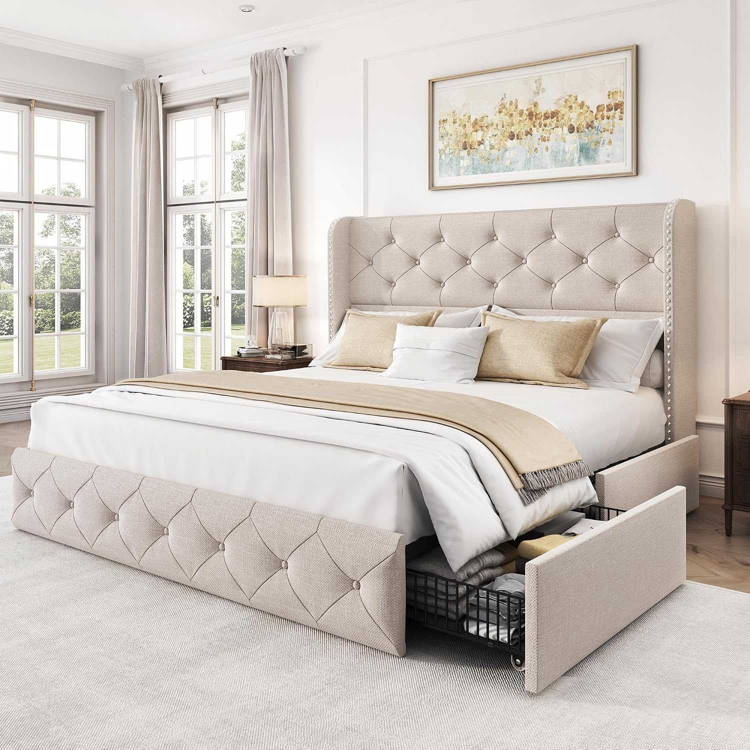 LARMACE Full Size Bed Frame with 4 Storage Drawers and Wingback Headboard Linen Upholstered Platform Bed Frame Tufted Beds with Wooden Slats Support, Easy Assembly, Beige