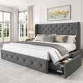 LARMACE Queen Size Platform Bed Frame with 4 Storage Drawers and 47.2' Tall Tufted Headboard Linen Upholstered Bed Wingback Bed Frame with Wooden Slats Support, Easy Assembly, Light Grey