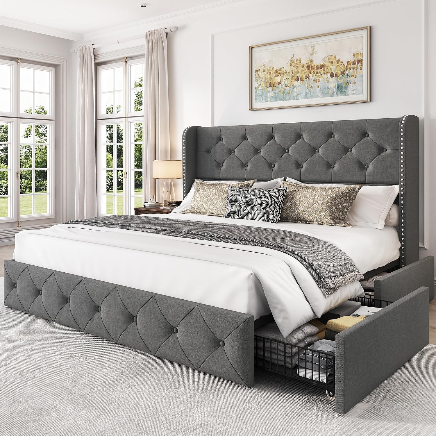 LARMACE Queen Size Platform Bed Frame with 4 Storage Drawers and 47.2' Tall Tufted Headboard Linen Upholstered Bed Wingback Bed Frame with Wooden Slats Support, Easy Assembly, Light Grey